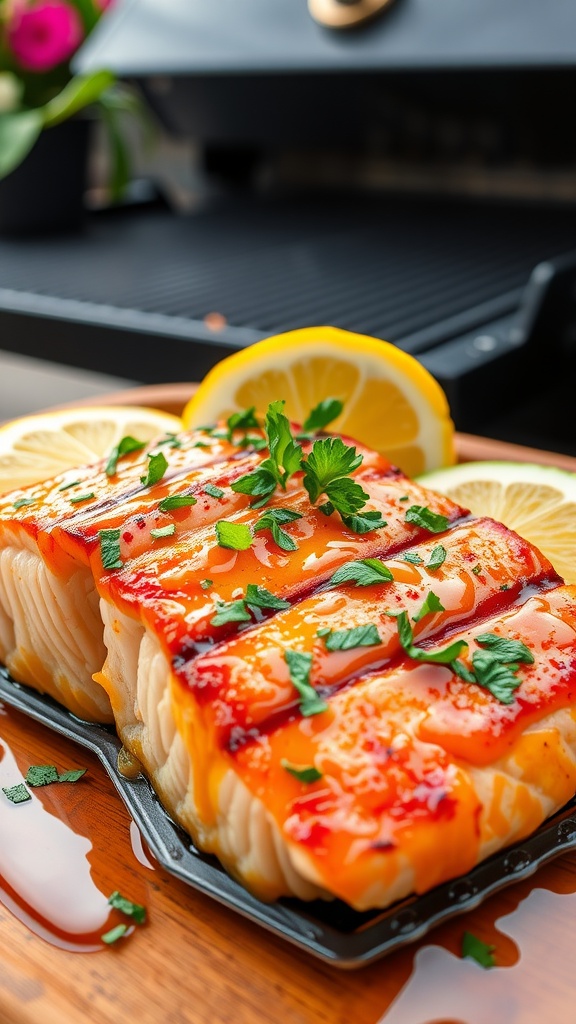 Grilled salmon fillet topped with herbs and lemon wedges on a wooden platter.